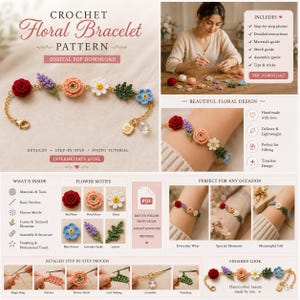 May include: A crochet floral bracelet pattern with step-by-step photos and detailed instructions. The bracelet features red roses, peach roses, daisies, blue flowers, and lavender spikes. The pattern is available as a digital PDF download.