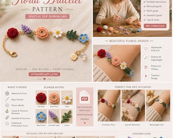 Può includere: Un modello di braccialetto floreale all'uncinetto con foto passo-passo e istruzioni dettagliate. Il braccialetto presenta rose rosse, rose pesca, margherite, fiori blu e spighe di lavanda. Il modello è disponibile come download digitale PDF.