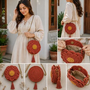 May include: A round, crocheted crossbody bag in rust orange with a yellow center, featuring a flower-like petal design, a gold-tone metal chain strap, and a matching rust orange tassel. The interior is lined with beige fabric and has a snap closure.