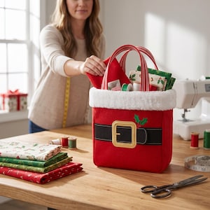 May include: A red felt tote bag designed to resemble a Santa suit, featuring a white faux fur trim at the top, a black belt with a gold buckle, and red and white striped handles. The bag is filled with various sewing supplies and fabric scraps.
