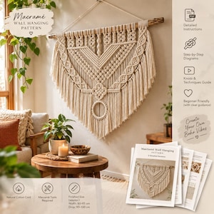 Modèle PDF de tenture murale en macramé pour niveau intermédiaire, art textile tissé aux tons neutres pour la chambre, grande décoration murale style macramé avec pompons