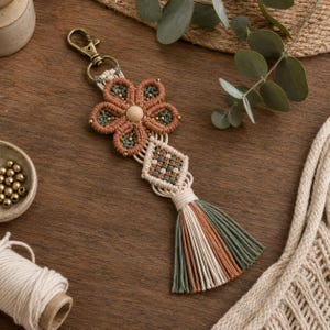 May include: A macrame keyring featuring a flower design with terracotta and sage green cord, a central wooden bead, and a diamond-shaped knot pattern. The piece includes a bronze-toned metal lobster clasp and a multi-coloured tassel in sage, cream, and terracotta.