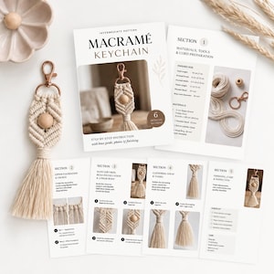 May include: A macrame keychain pattern guide featuring step-by-step instructions, photos, and a finished keychain with a copper-colored lobster clasp, cream-colored cotton cord, and a central wooden bead. The guide lists a 7-inch total length.