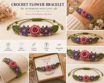 Puede incluir: Pulsera de flores de ganchillo hecha a mano con una rosa rosa central y detalles azules y verdes. La pulsera es ajustable y está hecha con hilo de algodón. El texto "CROCHET FLOWER BRACELET" y "HANDMADE WITH LOVE" son visibles.