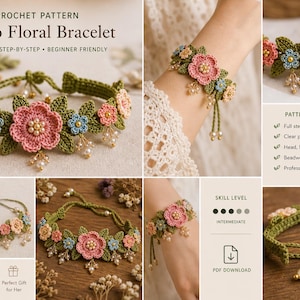 Puede incluir: Un patrón de ganchillo para una pulsera floral bohemia. La pulsera presenta flores rosas, azules y crema con detalles de perlas sobre una base verde. El patrón es detallado, paso a paso y apto para principiantes. La imagen también incluye el texto "Handmade With Love", "Boho & Unique" y "Perfect Gift for Her".