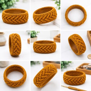 May include: A mustard yellow bangle bracelet featuring a thick, crocheted exterior with a prominent braided pattern. The interior of the circular accessory is made of smooth, polished wood, providing a contrast to the textured yarn surface.