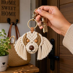 May include: A macrame keychain shaped like a dog head with cream and tan cord, featuring two round wooden beads for eyes and a dark brown wooden bead for a nose. The design includes long, fringed ears and is attached to a gold-toned metal ring.