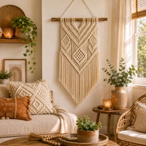 May include: A large off-white macrame wall hanging featuring intricate geometric knot patterns and long fringe, suspended from a horizontal wooden branch by a rope. The piece displays a symmetrical design with diamond shapes and vertical cords.