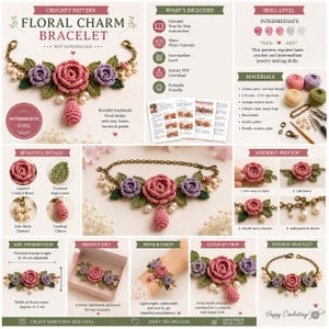 Puede incluir: Un patrón de crochet para una pulsera con encanto floral. El diseño presenta rosas de crochet en capas, hojas de salvia, racimos de bayas y un dije de lágrima. La longitud de la pulsera terminada es de 15-18 cm. Incluye instrucciones detalladas.