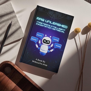 以下が含まれることがあります： 「RAG Unleashed: Mastering Intelligent Information Retrieval」というタイトルの本。表紙には青と白のロボットのイラストが描かれています。本はMokoucha shopによるものです。黒い鉛筆とメモ帳が背景にあります。