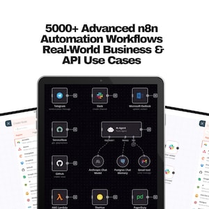 以下が含まれることがあります： タブレットには、Telegram、Slack、Microsoft Outlookなどのさまざまなアプリケーションのワークフロー図とアイコンが表示された暗いインターフェースが表示されています。上部のテキストは「5000+ Advanced n8n Automation Workflows Real-World Business & API Use Cases」と表示されています。