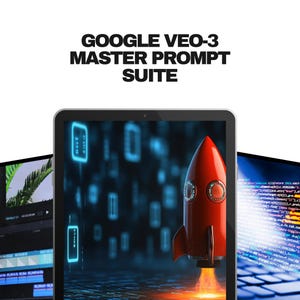 May include: A digital illustration featuring a red rocket launching from a tablet screen, with blue digital code and the text "GOOGLE VEO-3 MASTER PROMPT SUITE". Additional screens display code and video editing software.