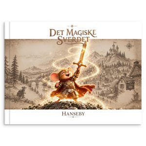 May include: A hardcover book titled Det Magiske Sverdet with the author name Hanseby. The cover features a small mouse wearing armor and a red cape, holding a glowing golden sword aloft against a sepia-toned illustrated landscape background.