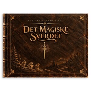 May include: A dark brown hardcover book cover featuring the title "DET MAGISKE SVERDET" and "ET EVENTYR FRA HANSEBY" in gold lettering. The illustration depicts three small mice walking on a path toward a castle, with a sword icon.