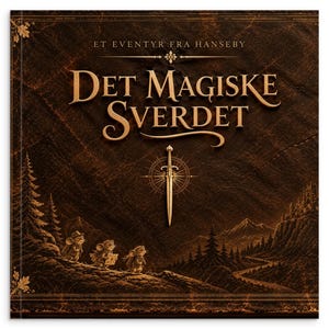May include: A dark brown book cover titled ET EVENTYR FRA HANSEBY DET MAGISKE SVERDET. The cover features a central sword icon, a landscape with three small mouse-like creatures walking on a path, pine trees, and a distant castle.