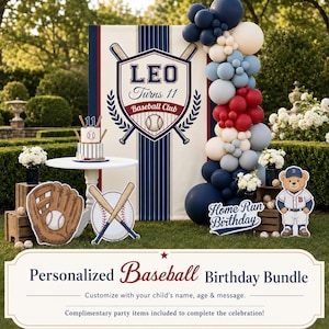 May include: A baseball-themed birthday party display featuring a large backdrop with the text LEO Turns 11 Baseball Club, a tiered cake, a balloon arch in navy, red, and white, a baseball glove cutout, and a bear wearing a baseball uniform.