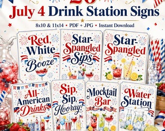 20 Patriotic July 4 Drink Station Signs, Red White Blue Bar Decor (Instant Download)