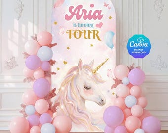 Unicorn Birthday Backdrop | Editable Canva Template | Kids Birthday Banner Digital Download
