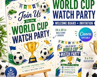 World Cup Watch Party Invitation and Welcome Sign Bundle (Canva Editable)