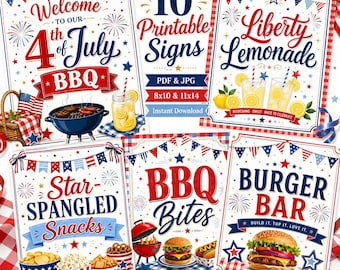 4th of July Printable Party Signs Bundle, Patriotic BBQ Decor (Instant Download)