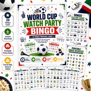 May include: A World Cup Watch Party Bingo game set featuring 20 unique printable cards, calling cards, and markers. The design includes soccer balls, whistles, and confetti graphics with text reading World Cup Watch Party Bingo.
