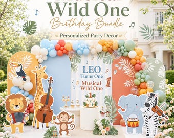 Safari Music Birthday Decor, Wild One Party Bundle, Personalized Jungle Animal Theme