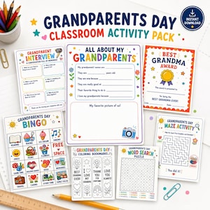 May include: A Grandparents Day classroom activity pack featuring multiple printable sheets including a Grandparent Interview, All About My Grandparents questionnaire, Best Grandma Award, Bingo card, colouring bookmarks, word search, and a maze.