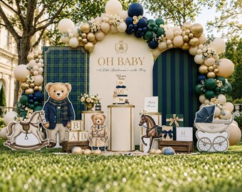 Personalized Teddy Bear Baby Shower Decor Bundle, Navy Plaid Gentleman Backdrop (Digital Files)