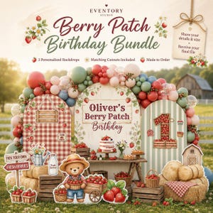 Op de afbeelding: Een feestelijke "Berry Patch Birthday Bundle" scène met ballonnen, uitsparingen en achtergronden. De scène bevat een teddybeer met aardbeien, een taart en borden met de tekst "Pick Your Own Fresh Berries". De tekst "Oliver's Berry Patch Birthday" is ook zichtbaar.
