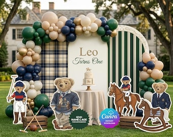 Paquete de fondo de lujo Polo Bear para cumpleaños / Decoración de fiesta de osito de peluche estilo preppy (kit imprimible)