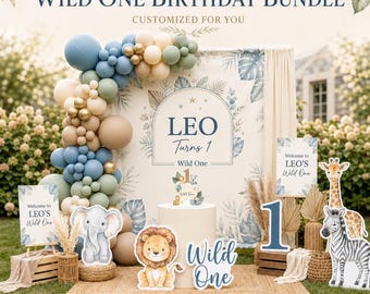 Personalized Wild One Safari Birthday Bundle, Watercolor Jungle Animals (Digital Download)
