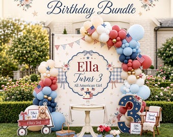 All American Girl Birthday Bundle, Patriotic Floral Decor (Digital Files)