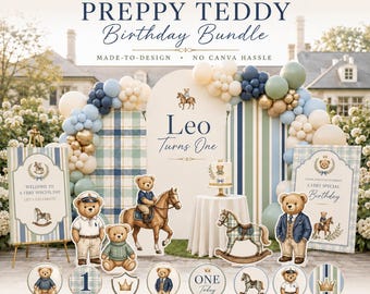 Preppy Teddy Bear First Birthday Decor Bundle, Personalized Bear Party Set (Digital Download)