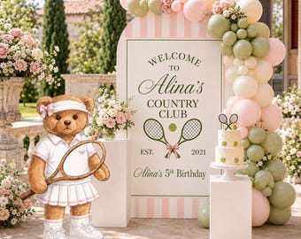 Tennis Birthday Bundle, Personalized Country Club Party Decor, Tennis Bear Backdrop Cutout Cake Toppers