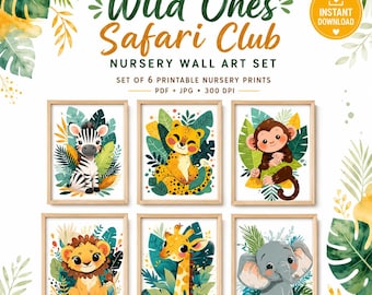 Safari Jungle Animal Nursery Prints, Set of 6, Wild Ones Club Art (Digital Download)