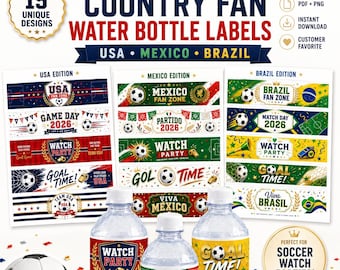 USA Mexico Brazil Soccer Water Bottle Labels, 15 Printable Fan Wraps (PDF PNG)