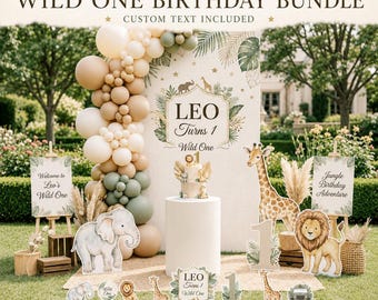 Personalized Wild One Safari Birthday Bundle, Jungle Safari Linen texture theme (Digital Download)