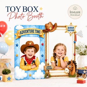 Toy Box Photo Booth Frames, Cowboy Space Adventure Birthday Props (24x36 Instant Download)