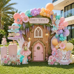 May include: A fairy-themed party backdrop featuring a large wooden tree structure with a pink door, surrounded by a colourful balloon arch in pastel shades. Includes cutouts of fairies, flowers, mushrooms, and signs reading Emily Turns 2.