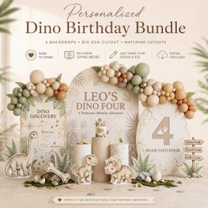 Könnte beinhalten: Ein personalisiertes Dino-Geburtstags-Bundle mit zwei Hintergründen, einem großen Eier-Ausschnitt und passenden Ausschnitten. Das Design umfasst Dinosaurier-Illustrationen, eine Karte und den Text "Leo's Dino Four". Perfekt für eine Dinosaurier-Geburtstagsfeier.