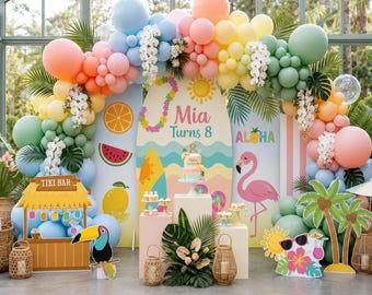 Personalized Tropical Birthday Bundle, Luau Party Decor, Aloha Summer Party (Digital Files)