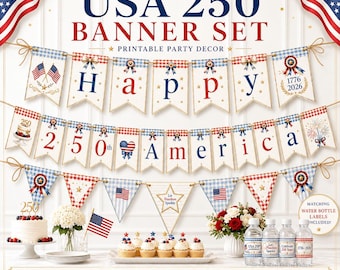 USA 250th Anniversary Banner Set, Patriotic Bunting Flags, Water Bottle Labels (PDF PNG)