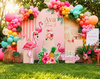 Flamingo Birthday Bundle, Personalized Tropical Party Decor, Flamingo Printable Set (Digital Files)
