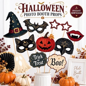 May include: A collection of Halloween photo booth props on sticks, including a witch hat, bat mask, star glasses, vampire lips, cat mask, jack-o'-lantern, raven mask, ghost, and signs reading Trick or Treat and Boo, with text Halloween Photo Booth Props.