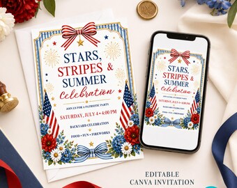 Patriotic Stars Stripes Summer Celebration Invitation (Editable Canva)