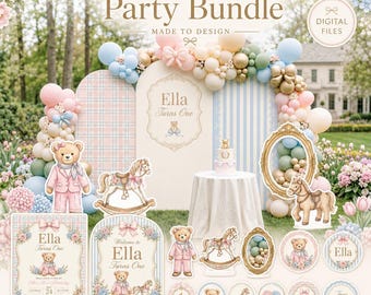 Personalized Teddy Bear First Birthday Party Bundle, Pastel Garden Theme (Digital Files)