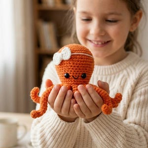 May include: A crocheted orange octopus toy with a white bow on its head. The octopus has black eyes and a smiling face. The toy is held in a person's hands.