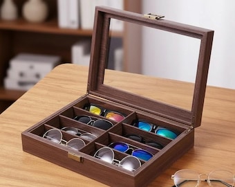 Estuche expositor de gafas de sol de nogal con 8 compartimentos / Organizador de gafas de madera con tapa de cristal / Bandeja organizadora para gafas de hombre / Regalo personalizado de lujo