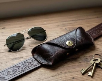 Horizontal Leather Sunglasses Belt Case | Genuine EDC Eyeglass Holster with Belt Loop | Mens Waist Glasses Holder Pouch | Luxury Gift