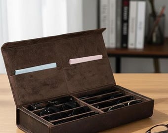 Handmade Crazy Horse Leather Sunglasses Case Organizer | Multi Slot Eyeglass Storage Box | Foldable Travel Glasses Holder | Velvet Lining